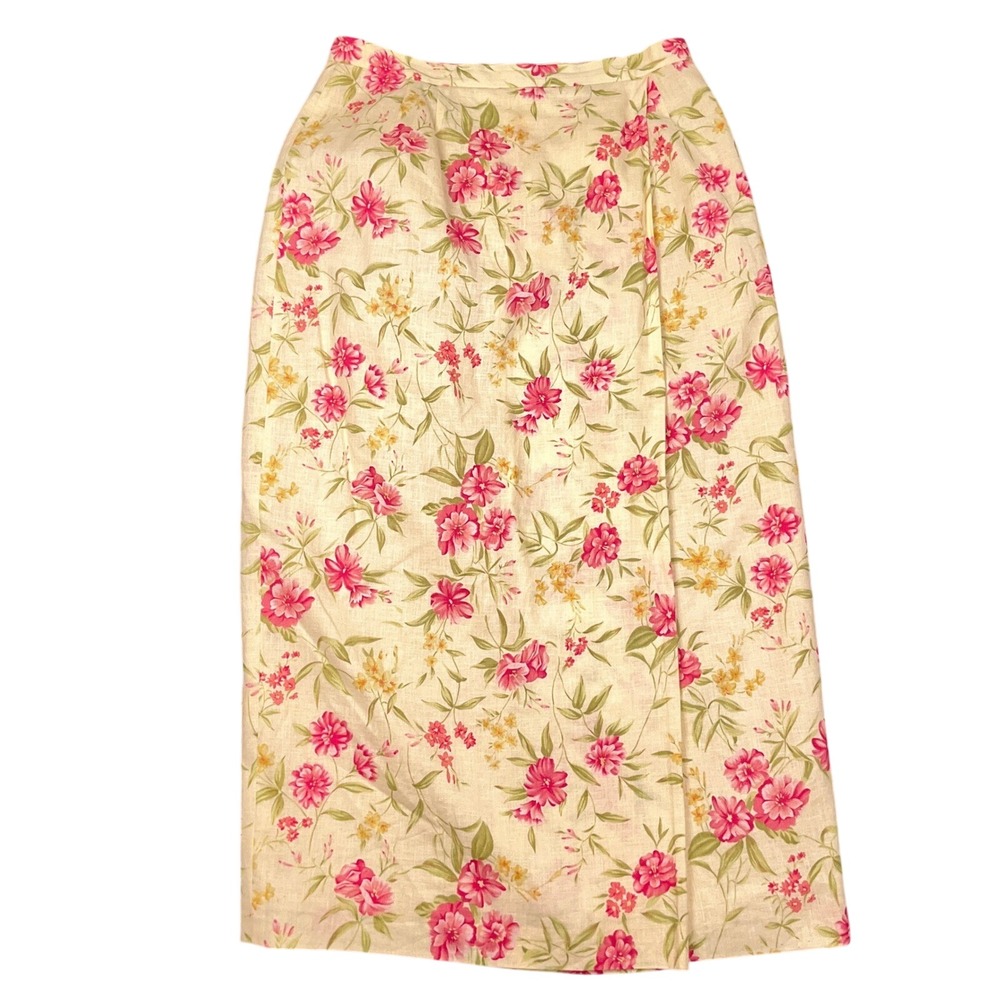 Susan Bristol Skirt Women 12 Yellow Pink Floral Faux Wrap Linen Midi Summer
